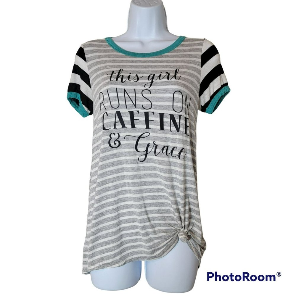 Wanna B Women's Graphic T-Shirt "This girl runs on Caffine & Grace" Size Med